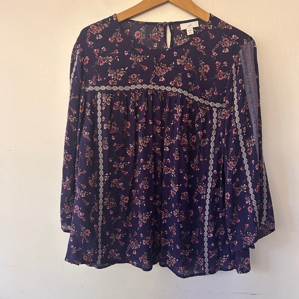 J. Jill Peasant Top Women Large Petite Navy Floral Lace Trim Boho Cottagecore